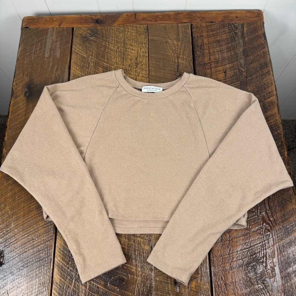 Paper Crane Women’s Beige Long Sleeve Crop Top Stretch Pullover Anthropologie S